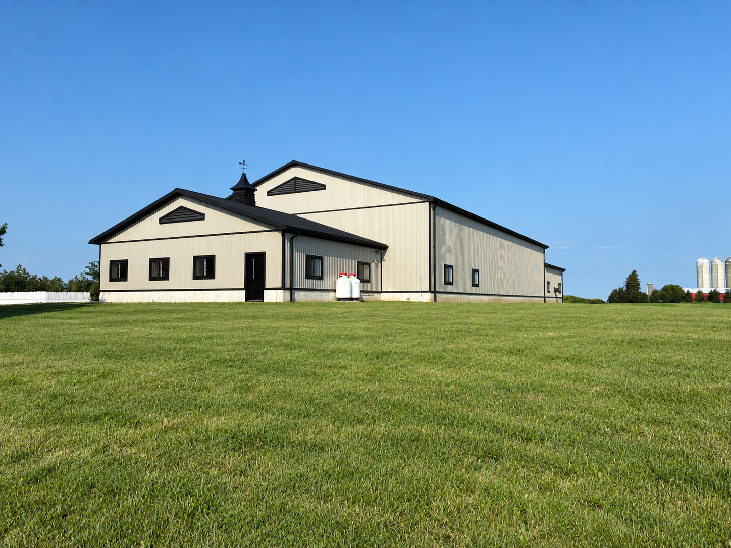 Completed metal-clad barn on a rural property